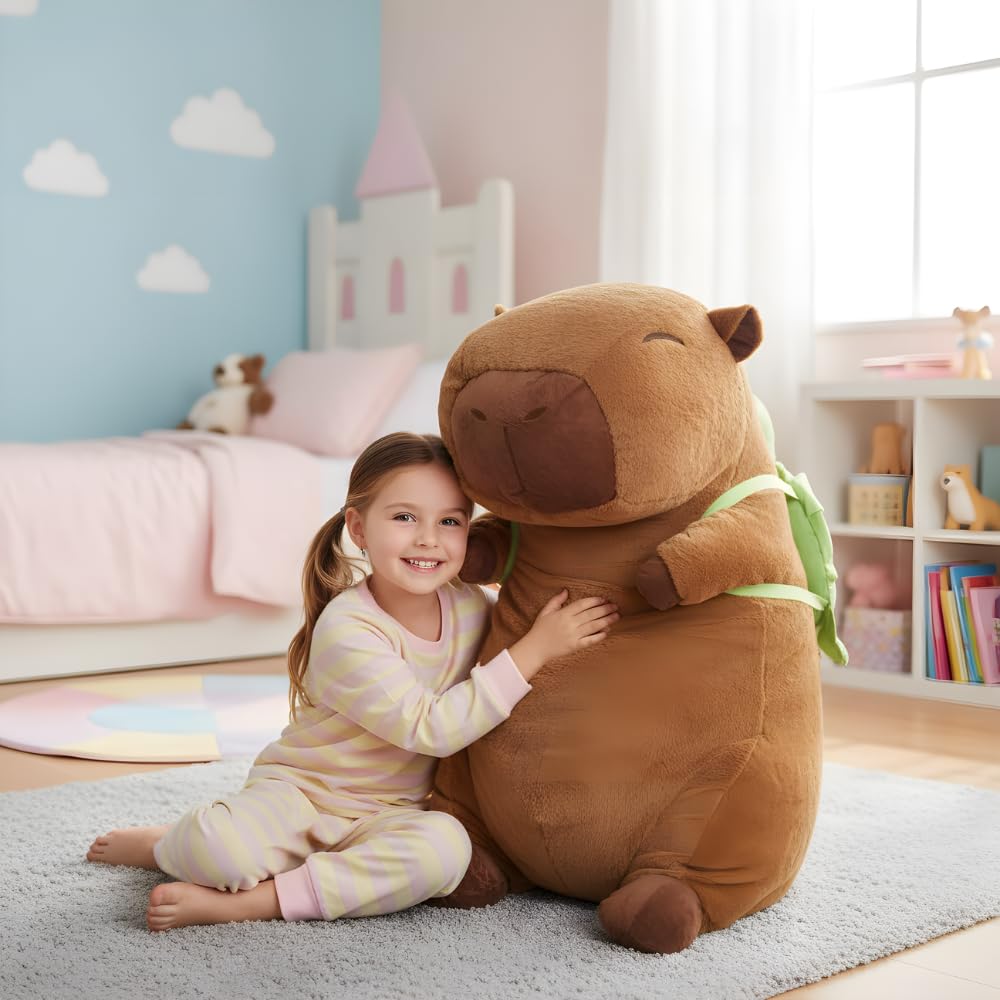 Capybara Peluche XXL 100 cm – Gran Peluche Suave Kapibara 3 en 1 cojín y decoración – Gigante para niños y Adultos (Capybara con Tortuga)