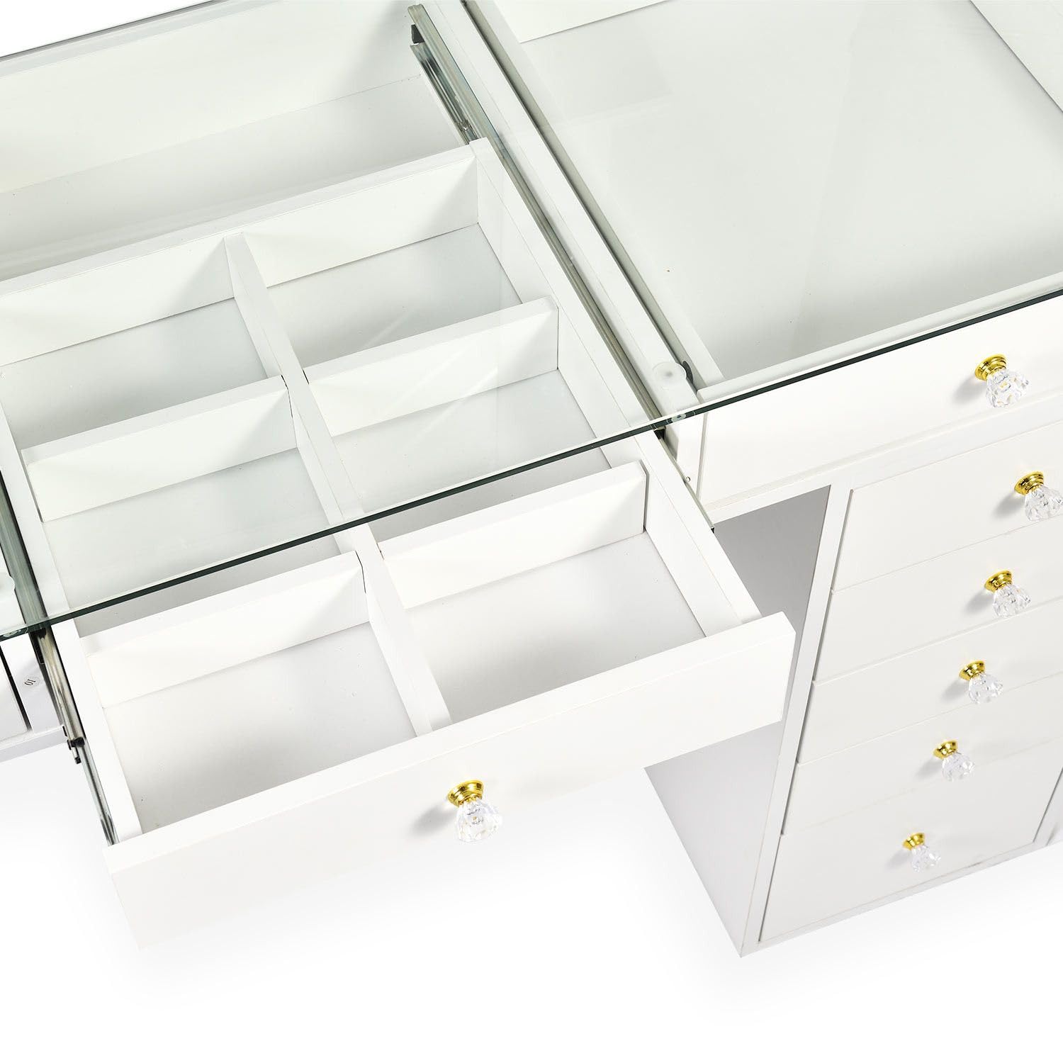 Menzzo Coiffeuse Probeauty 120 cm avec Miroir LED Lumineux – 13 tiroirs – Plateau en Verre – Table de Maquillage Design Moderne avec Grand Rangement – Meuble Coiffeuse Blanc