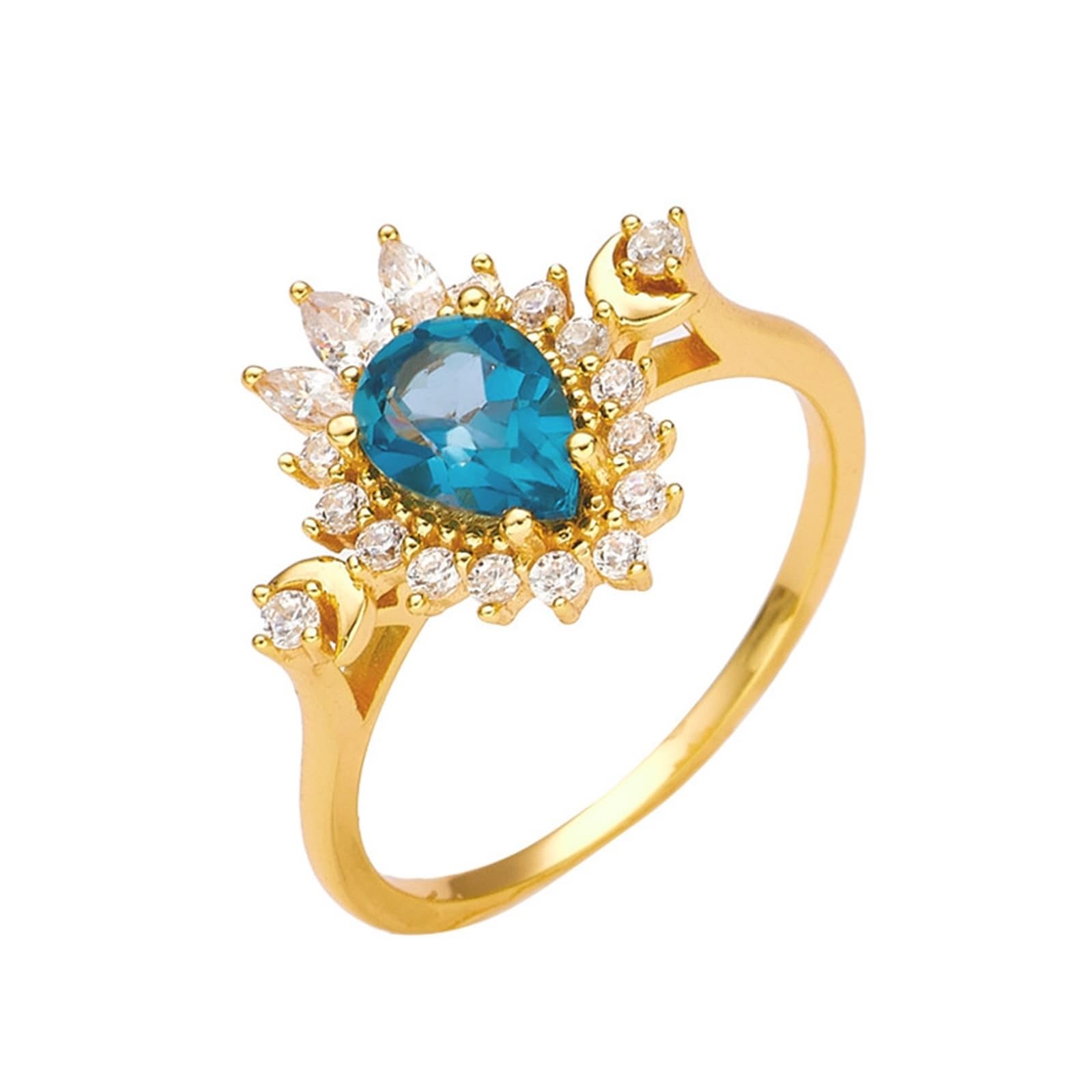 Anillo de boda de oro amarillo Au 375/585/750 con gotas de topacio azul, forma de flor