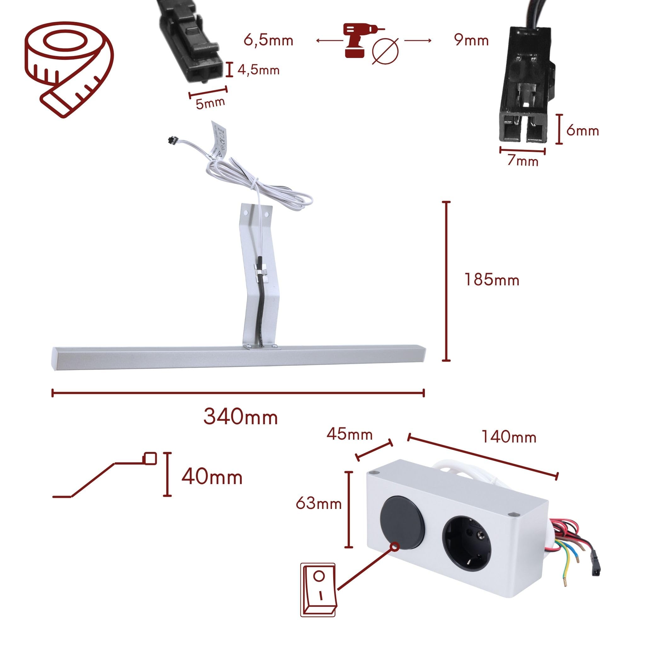 kalb | LED Aufsatz Spiegelleuchte Lancea 340mm tageslichtweiß, Set mit Schalter & Steckdose, silbergrau, 5000K, 470lm, 230VAC/12VDC, Plug & Play Beleuchtung für Spiegelschrank, Aufbauleuchte