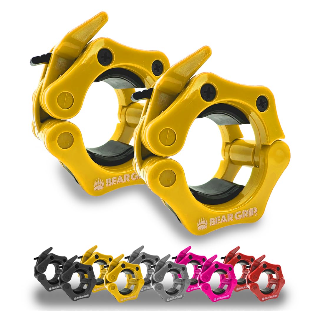 BEAR GRIP Barbell Clamps Collars - Pair of Quick Release Weight Barbell Clips for Weight Lifting, Crossfit, Strength Training Barbells (Yellow, 2 Inch / 50mm)