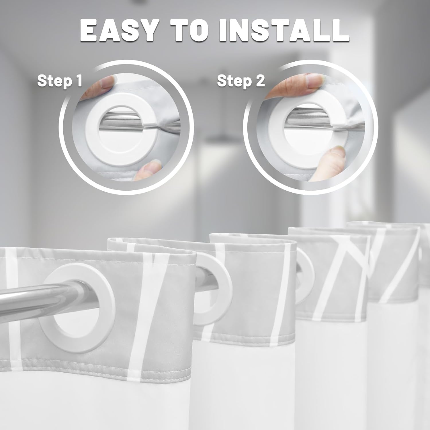 LXBNI No Hook Ombre Grey Striped Long Shower Curtain with Snap in Liner Set - Hotel Shower Curtain and Liner Set with See Through Mesh Top Window,Machine Washable, 71x86 INCH