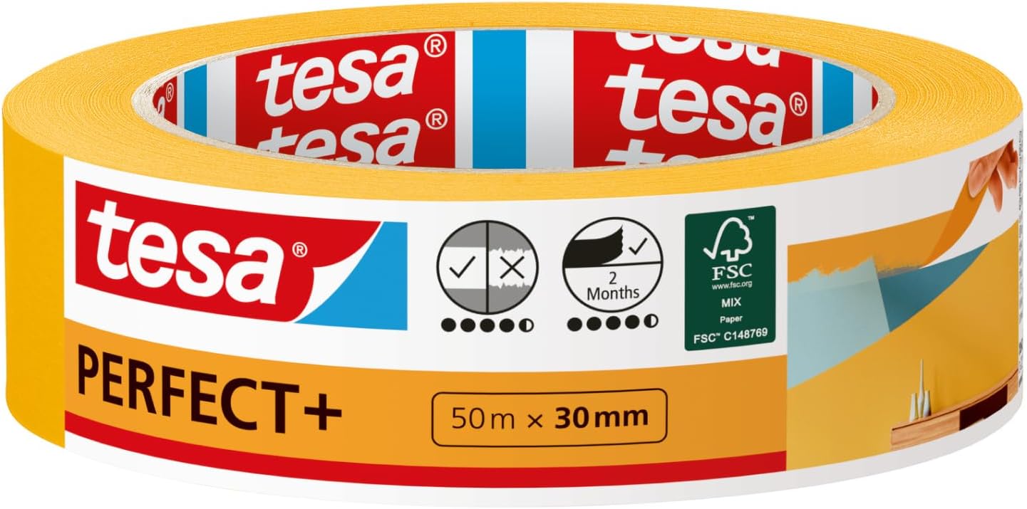 tesa Malerband Perfect+ - Malerkrepp aus dünnem Washi-Papier zum präzisen Abkleben bei Malerarbeiten - für den Innenbereich - 50 m x 30mm