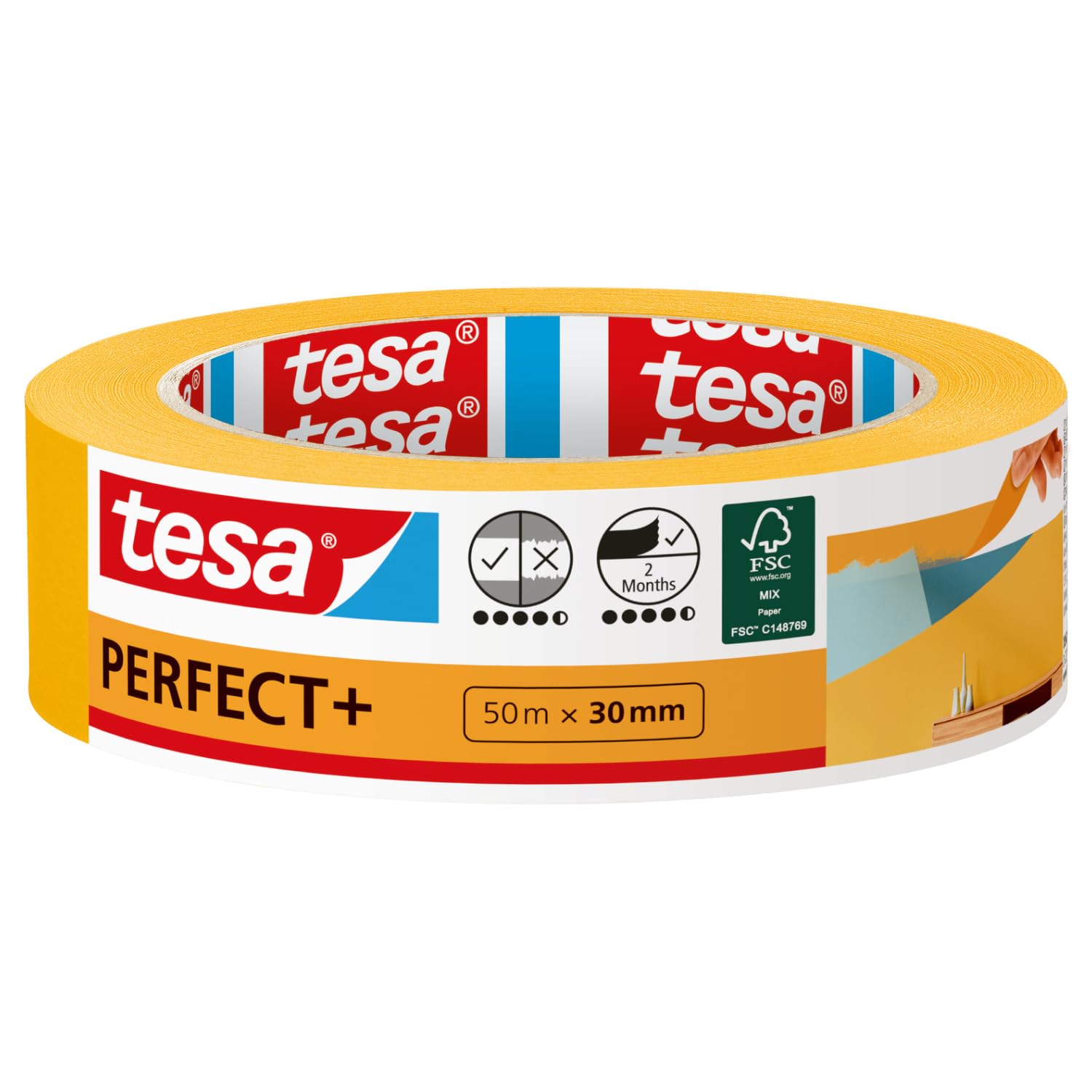 tesa Masking Tape PerfectPlus - Painter's Tape Made of Thin Washi Paper for Precise Masking During Painting Work - for Indoor use - 50 m x 30 mm