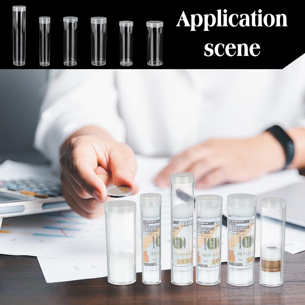 FINGERINSPIRE 24Pcs Tube à Pièces en Plastique Transparent 6 Tube en Plastique Durable de Différentes Tailles pour Pièce Monnaie Tubes Rangement Avec Couvercles Hermétiques pour Pièces Commémoratives