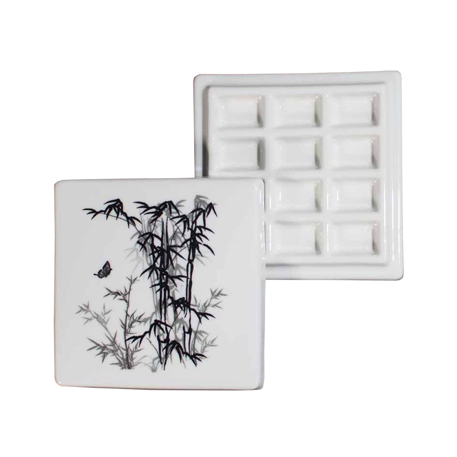 Porcelain Watercolor Paint Palette, Square Lidded Ceramic Paint Palett, 12-Hole(B)
