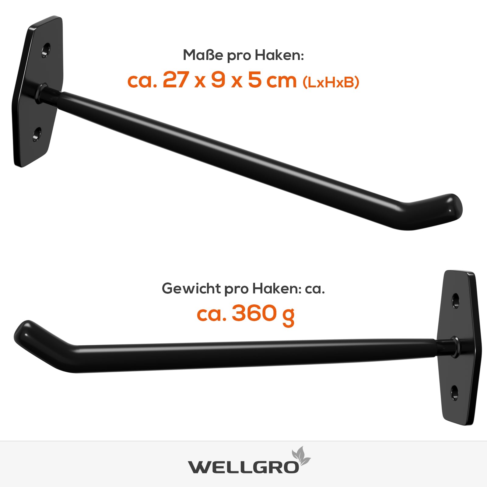 WELLGRO Supports muraux pour pneus - avec vis et Chevilles en métal - Arceau de Fixation avec revêtement en Caoutchouc - Support de Jante - Support Mural - Orange- 27 x 9 x 5 cm-Lot de 4