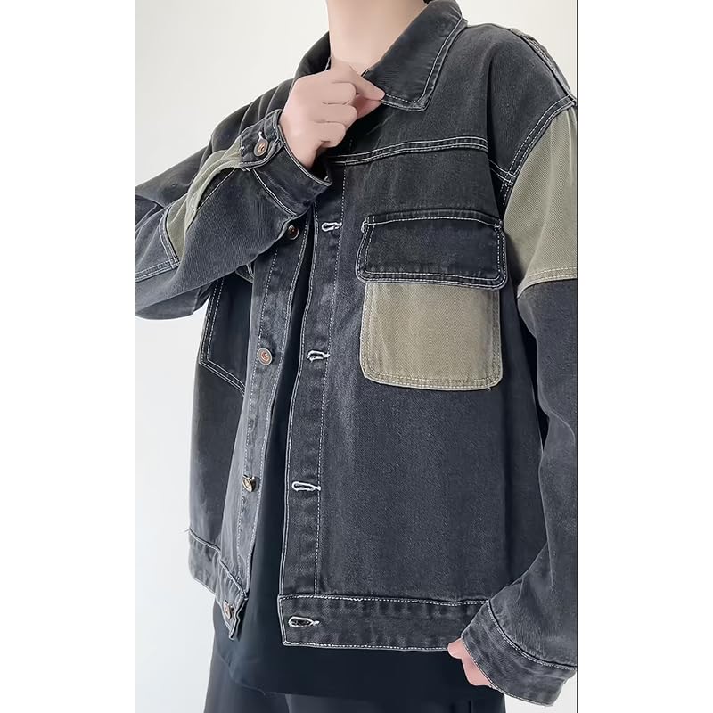 GURUNVANI Patchwork Denim Jacket Mens Oversized Jean Coat Button Down Outwear Tops4