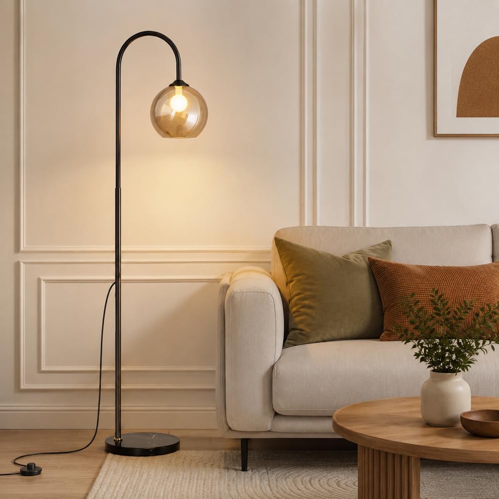 Wylolik Mid Century Modern Arc Floor Lamp, Globe Glass Shade, E27 3-Color Dimmable Globe Glass Standing Lamp, 64in Tall Light for Living Rooms, Bedrooms, Study, Reading Corners (Includes Bulb)