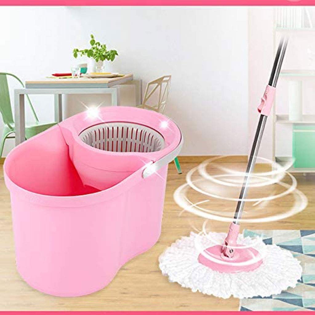 Cubo para fregona, fregona de Microfibra, Doble accionamiento, Cubo para fregona a presión Manual, fregona giratoria Desmontable, Potente Limpieza rápida (Rosa)