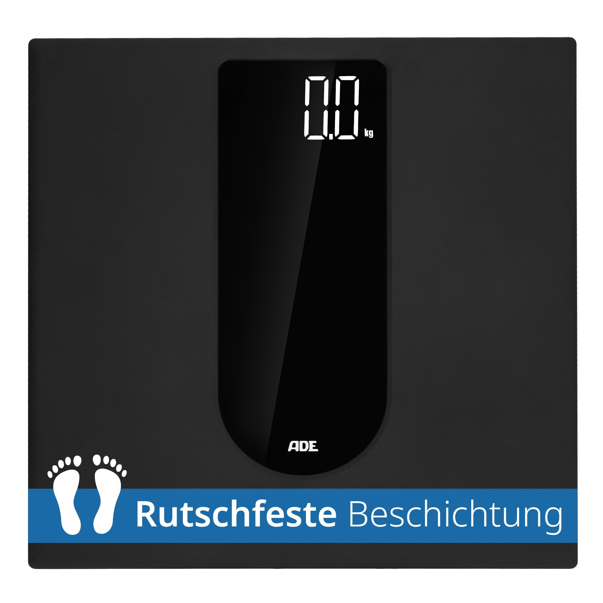 ADE Digitale Personenwaage mit großem LED-Display | rutschfeste Wiegefläche aus Sicherheitsglas | genaues Wiegeergebnis in 100-g-Schritten | elegante schwarz matte Oberfläche | bis 180 kg