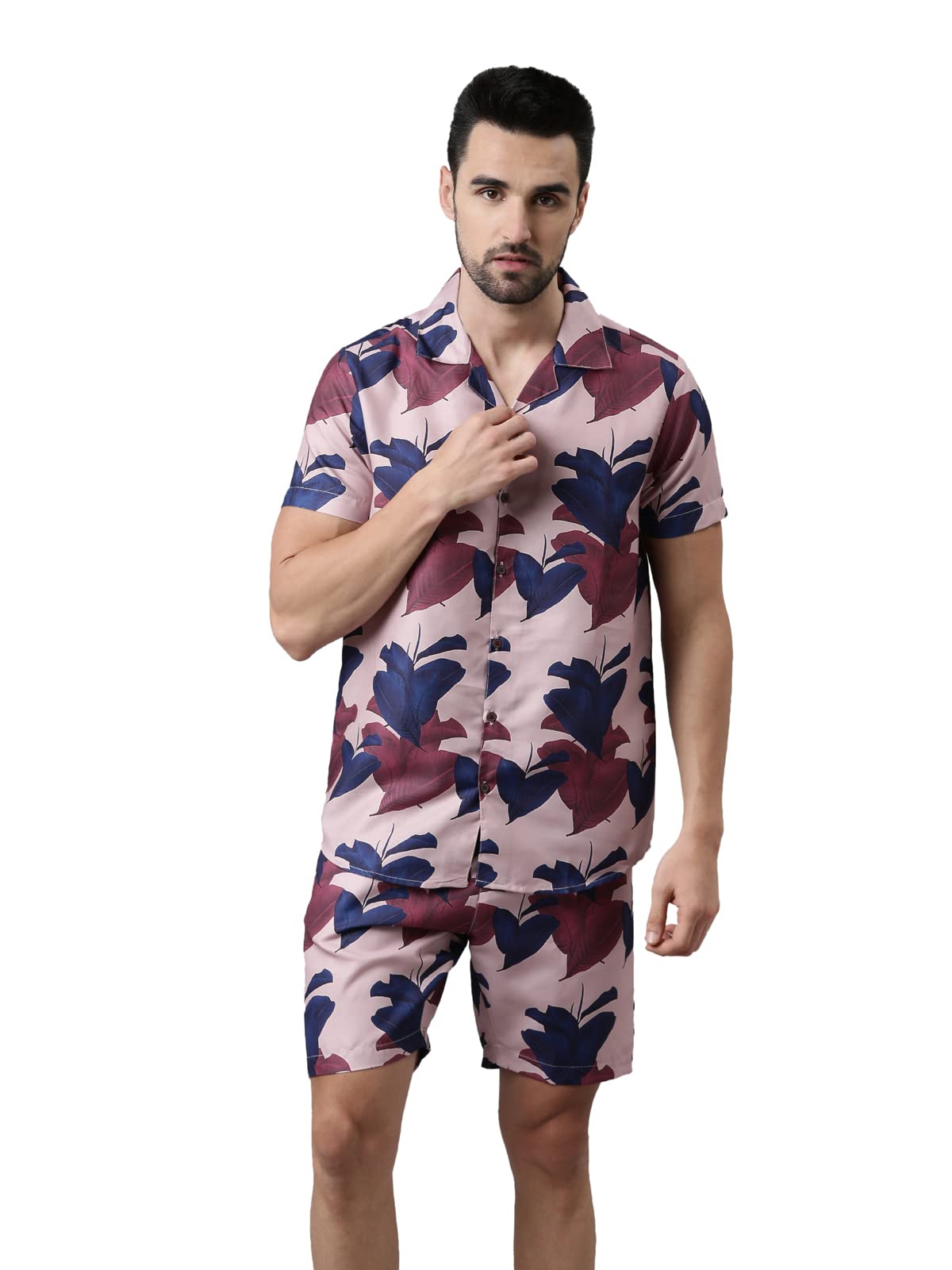 bushirt Men's Regular Onion Pink Printed Pajama Set, Short Sleeves Button Front Night Suit, Relaxed Fit Co-Ords with Chinese Collar & Elastic Waist Pajamas, Stylish & Comfortable Sleepwear - M-picture-49