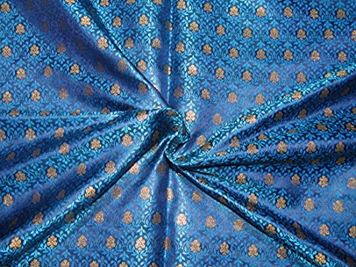 Tissu brocart de soie bleu et or pour confectionner une robe de soirée