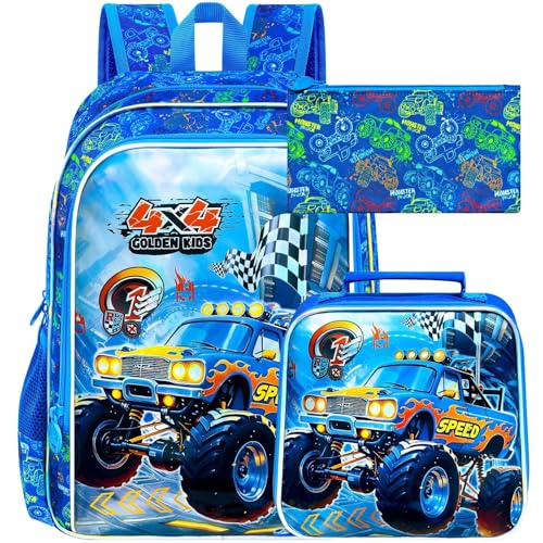 Image of 16 inch Truck Backpack for Boy, 3Pcs Bookbag for Elementary Preschool Kindergarten, Kids School Backpacks with Lunch Box (Blue)