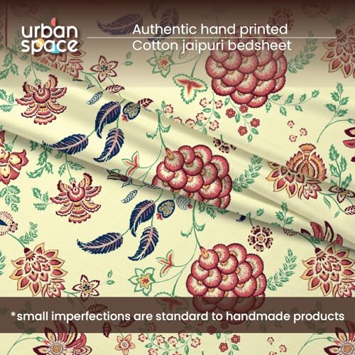 Image of Urban Space 100% Cotton Jaipuri Handblock Premium Printed King Size Bedsheet with 2 Pillow Covers, 240 TC Cotton King Bedsheet (108 x 108 Inches, Gulbagh Navy)