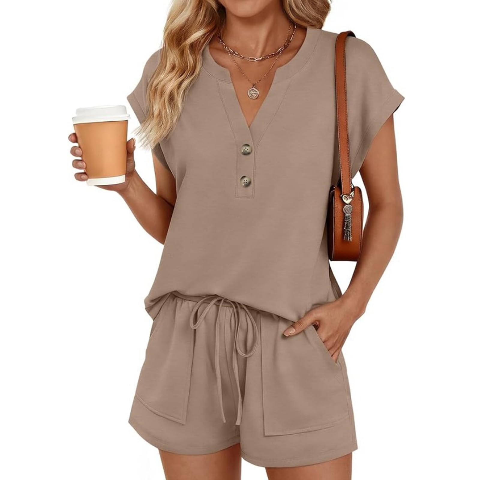 Womens Short Sleeve Button Down V Neck Top And Drawstring Shorts Two Piece Casual Lounge Set For Summer