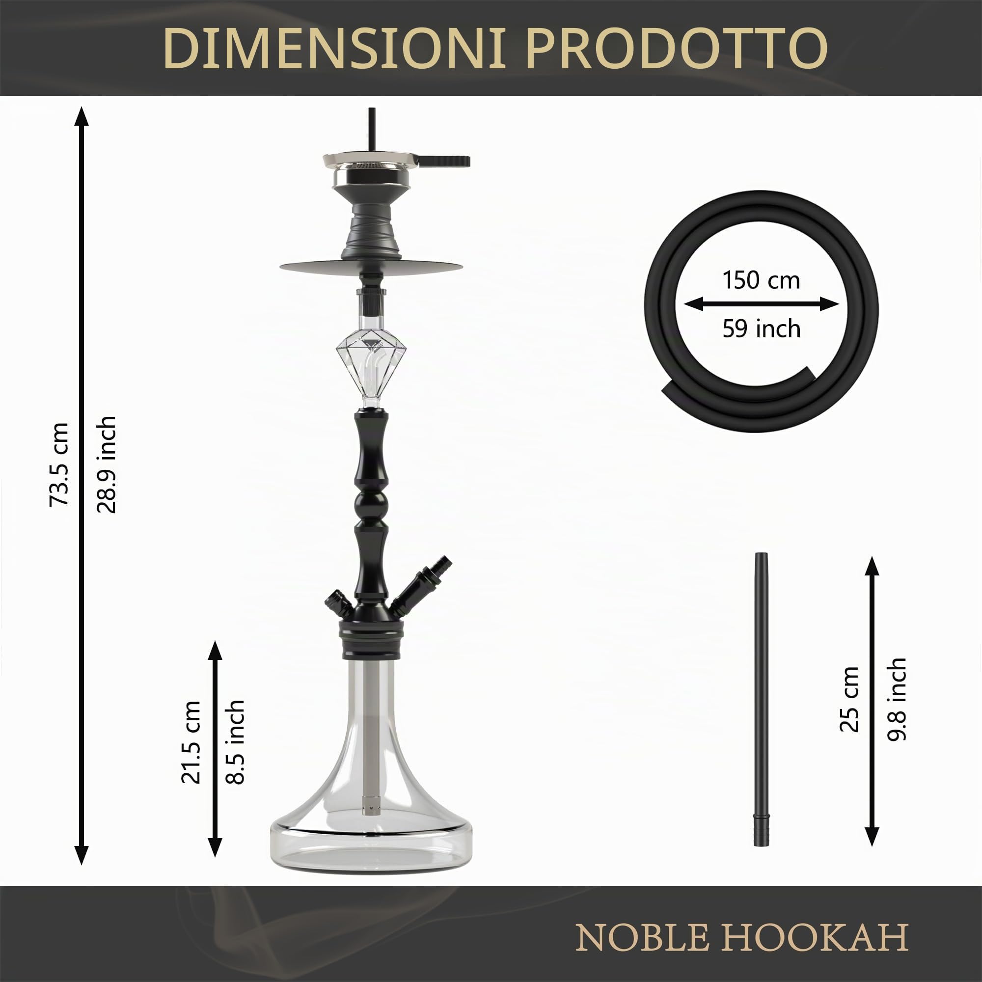 NOBLE HOOKAH XL Set Narghilè Con 1 Raccordo E Accessori Completi Per Narghilè - Testa Per Narghilè, Elegante Vaso In Vetro, Contenitore Per Melassa, 1 Tubo E Manico (Nero)
