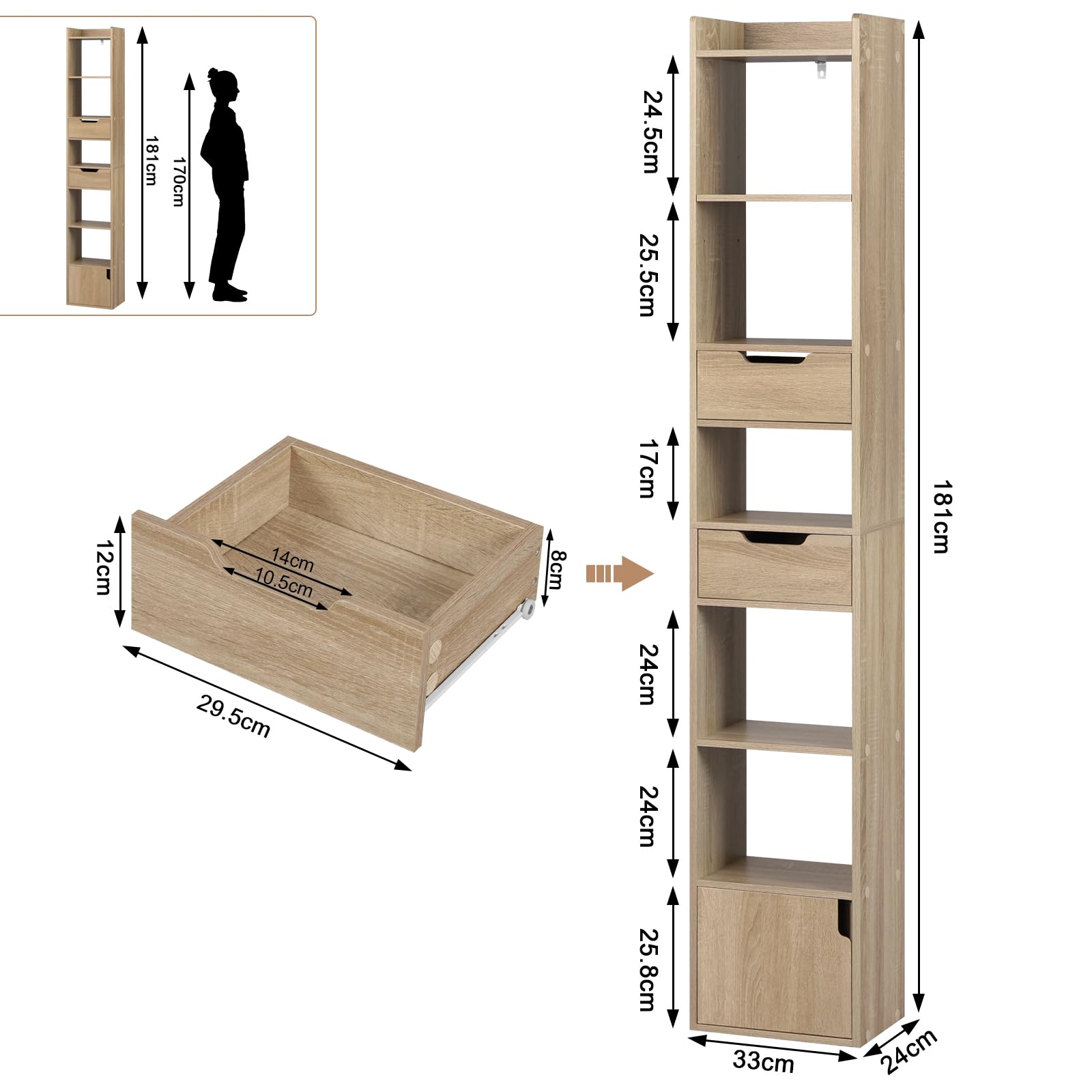 WOLTU Libreria Verticale Autoportante, Scaffale Salvaspazio, Libreria Stretta e Alta, con 2 Cassetti, 6 Ripiani Aperti e 1 Scomparto con Anta, in Legno, Rovere Chiaro, SK042hei