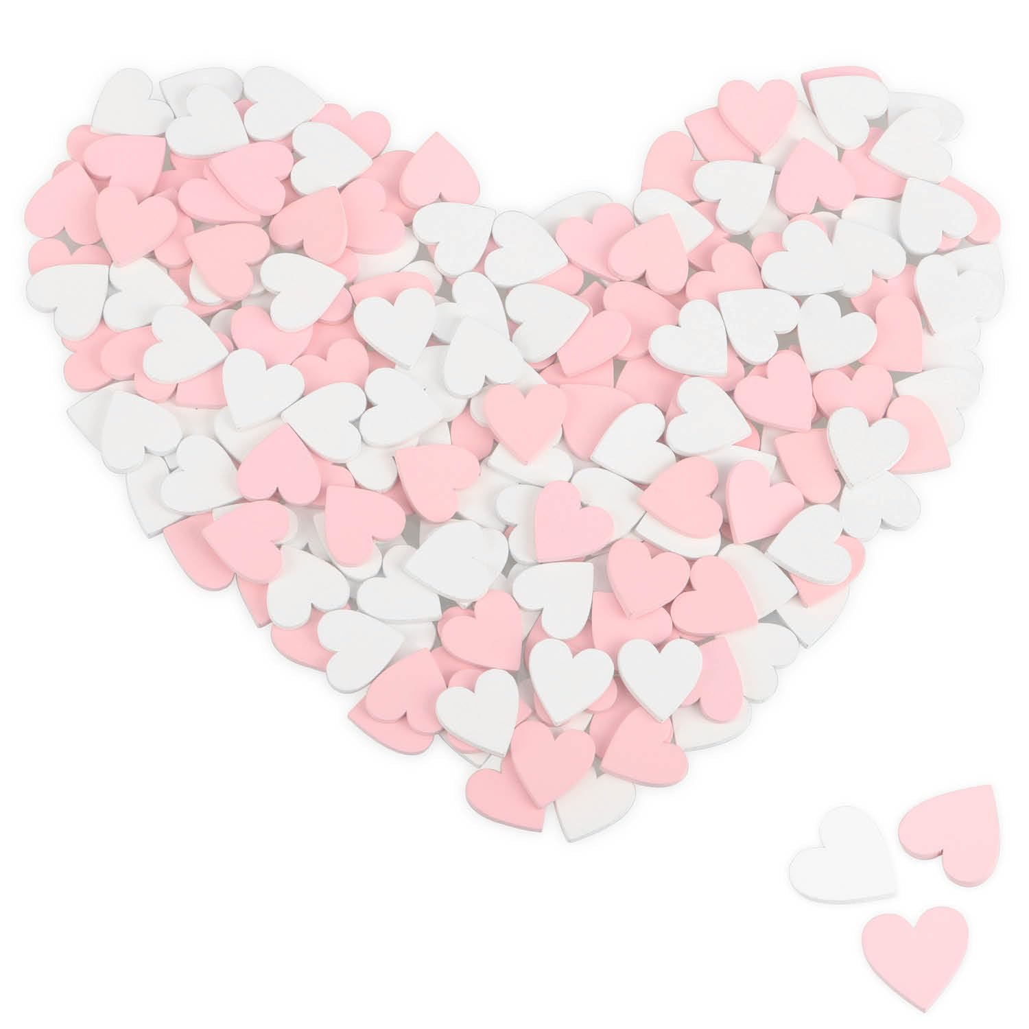 COM-FOUR® 200x mini Heart Scatter Decorations, Pink & White Wooden Hearts for Crafts