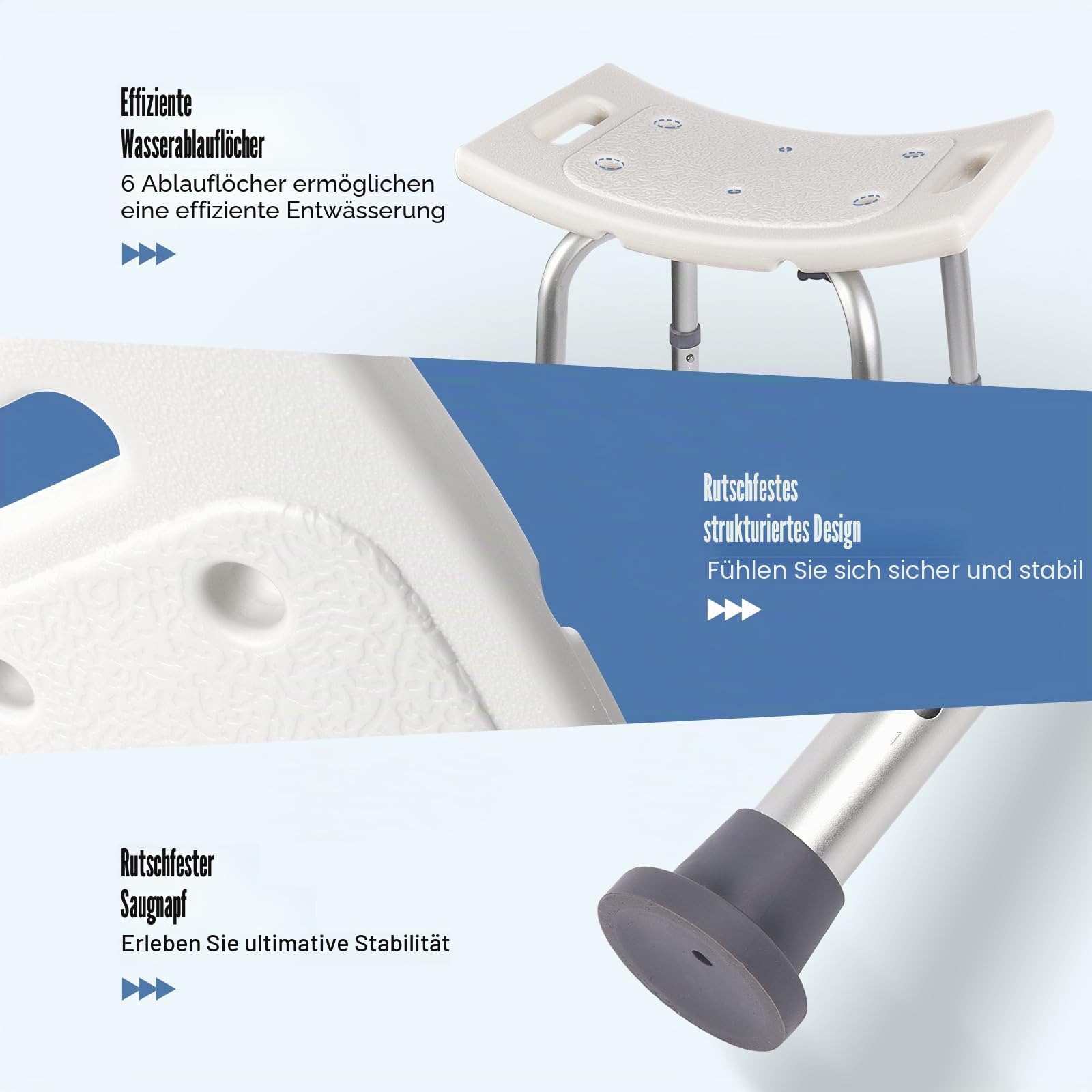 Ez2care Duschhocker, Höhenverstellbarer Duschstuhl, Rutschfester Badhocker für Dusche & Badewanne, Stabiler Aluminium Duschsitz, Leicht, Komfortabel, Vielseitig & Belastbar bis 136 kg, 37,5–49,5 cm