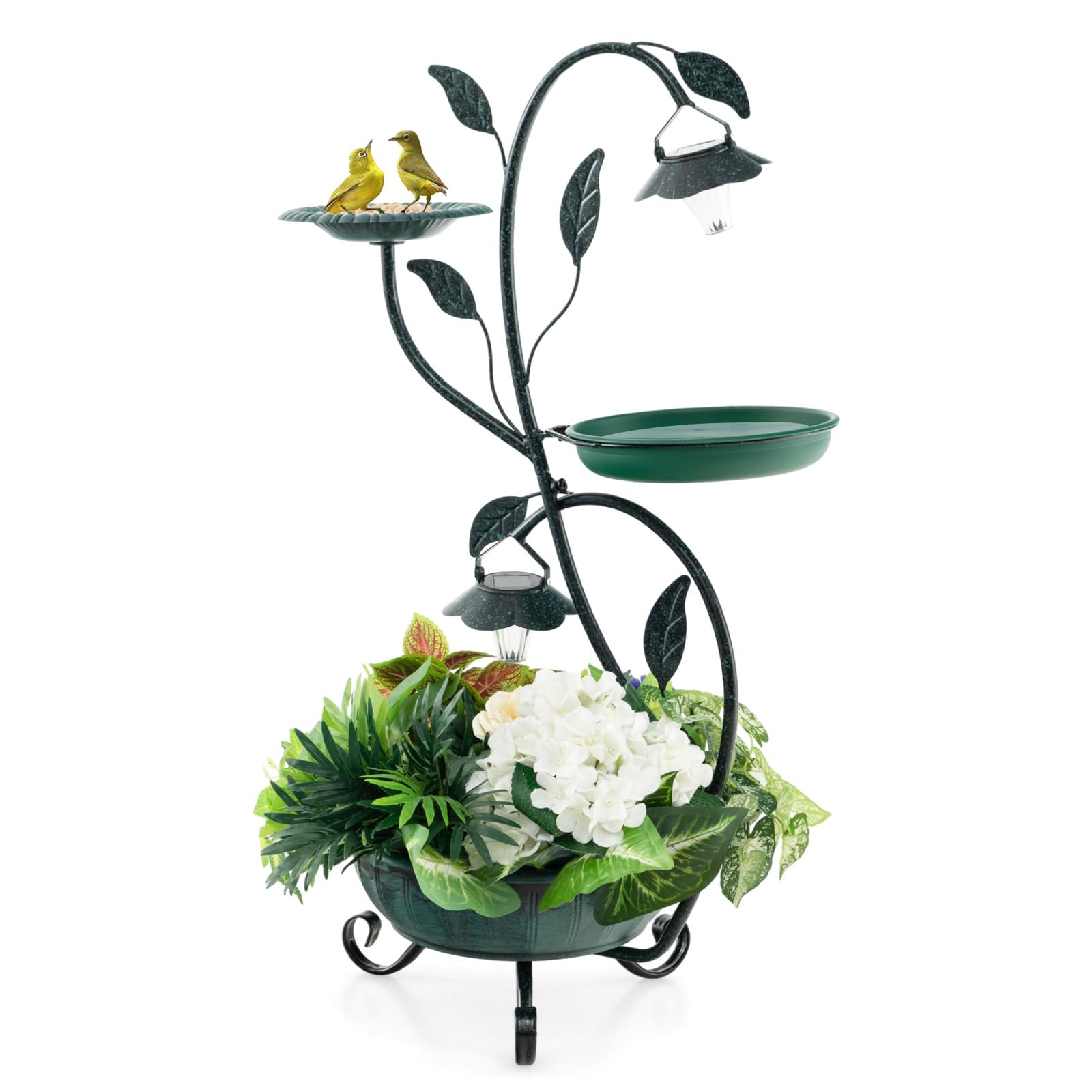GYMAX 83 CM Fontana per Uccelli con 2 Luci LED Solari, Mangiatoia per Uccelli Vintage con Base per Fioriera, Telaio Metallico Robusto, Fontana Ornamentale per Giardino