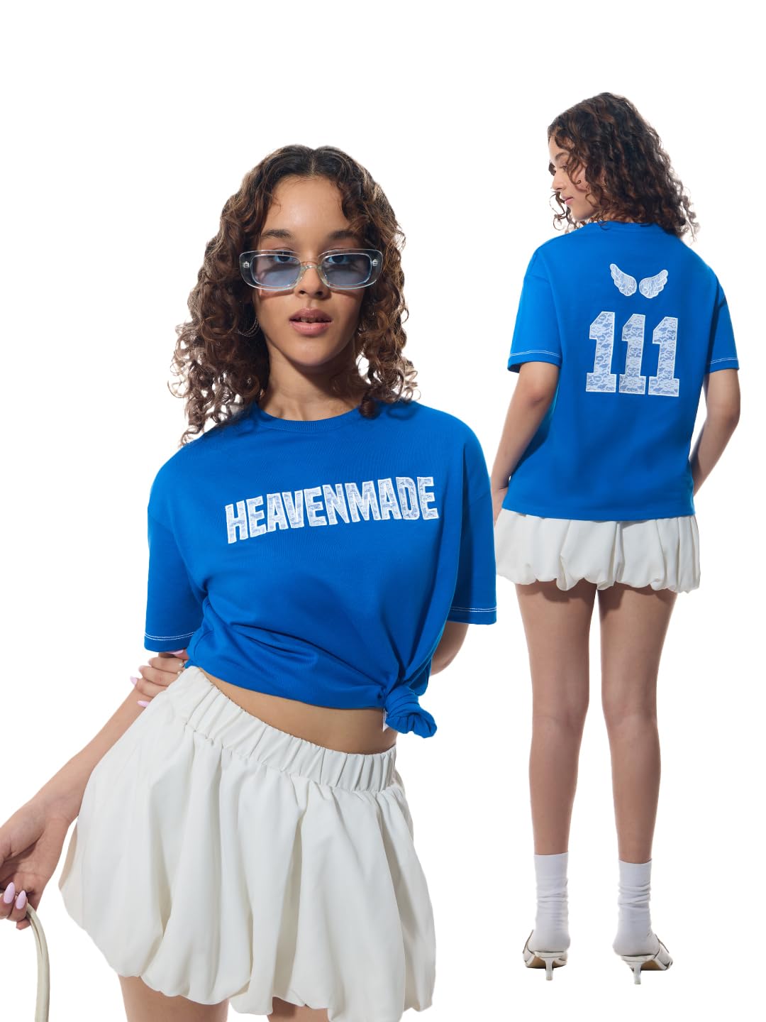 the souled store Heaven Made Women and Girls Short Sleeves Round Neck Royal Blue Lace Applique Embroidered Graphic Printed Cotton Oversized Streetwear Lightweight Everyday T-Shirt-picture-10