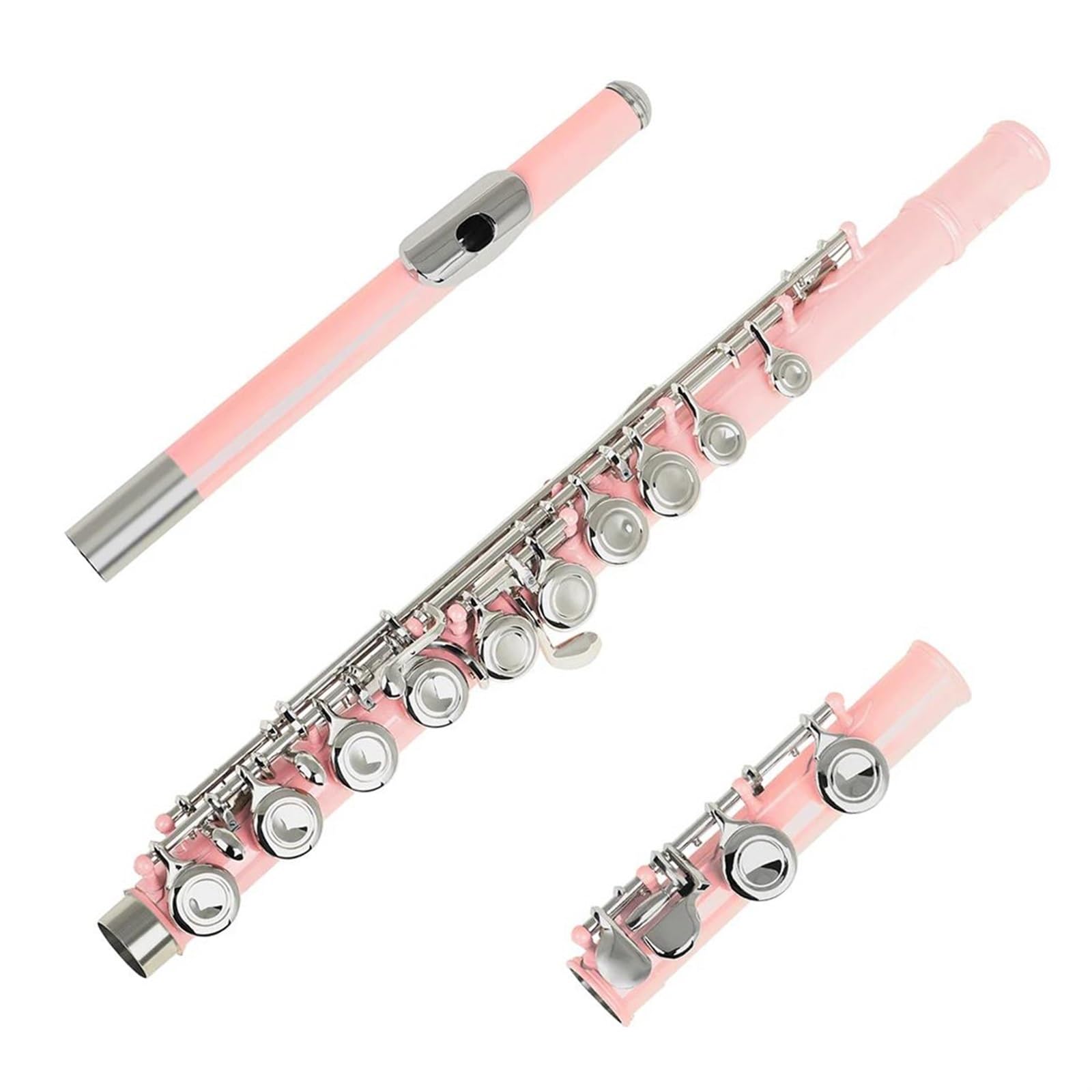 Classic Flûte Traversière Flûte À 16 Trous Fermés Clé C Flûte Professionnelle Argentée Instrument De Musique De Concert Boîte À Flûte Bâton En Tissu Gants Pièces(Pink)