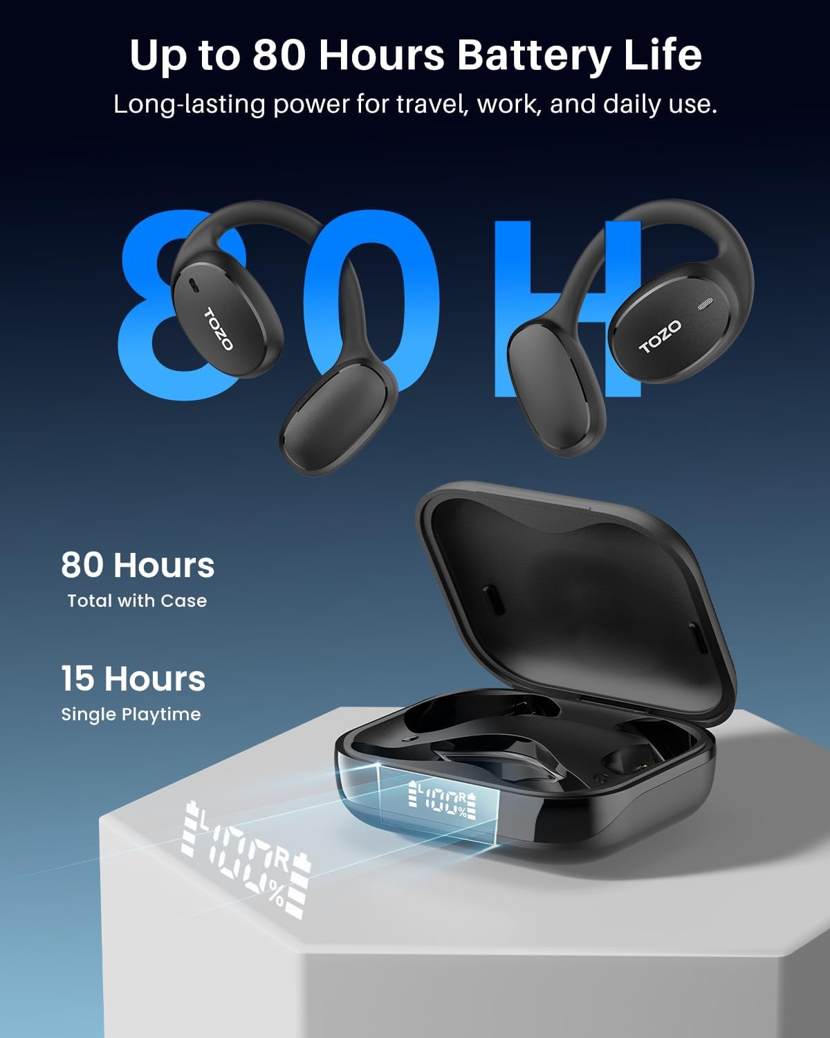 TOZO Real-Time AI Translation Earbuds, 80H Playtime Translator Ear Buds, Digital Display, AI Clear Calls, Comfortable Wear Open Ear Earbuds, AI Bluetooth Headphone for Travel Meeting Learning, Black