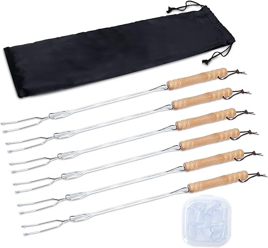 HENGI 6 Pack Marshmallow Sticks for Fire Pit, 30" Extendable Long Smores Sticks, Hot Dog Sticks for Campfire, Telescoping Heavy Duty Campfire Forks Roasting Sticks for Fire Pit with Carry Pocket