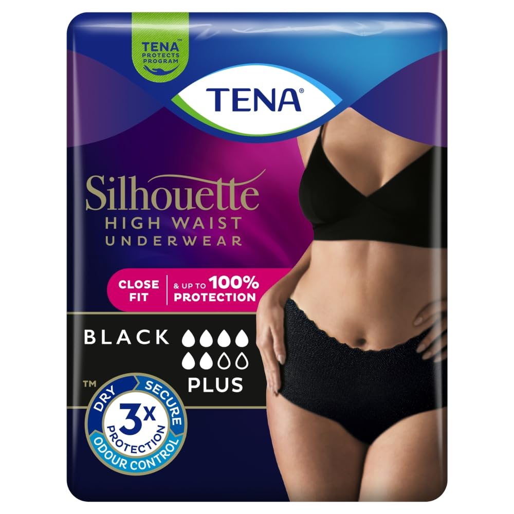 TENA Silhouette Plus High Waist Underwear, Black, Large (8 Count)