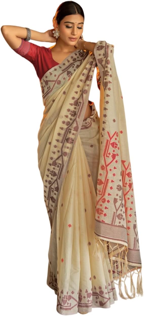 GAJARAIWomen's Pure Cotton Jamdani Saree With Unstitched Blouse Piece (PANKTI)