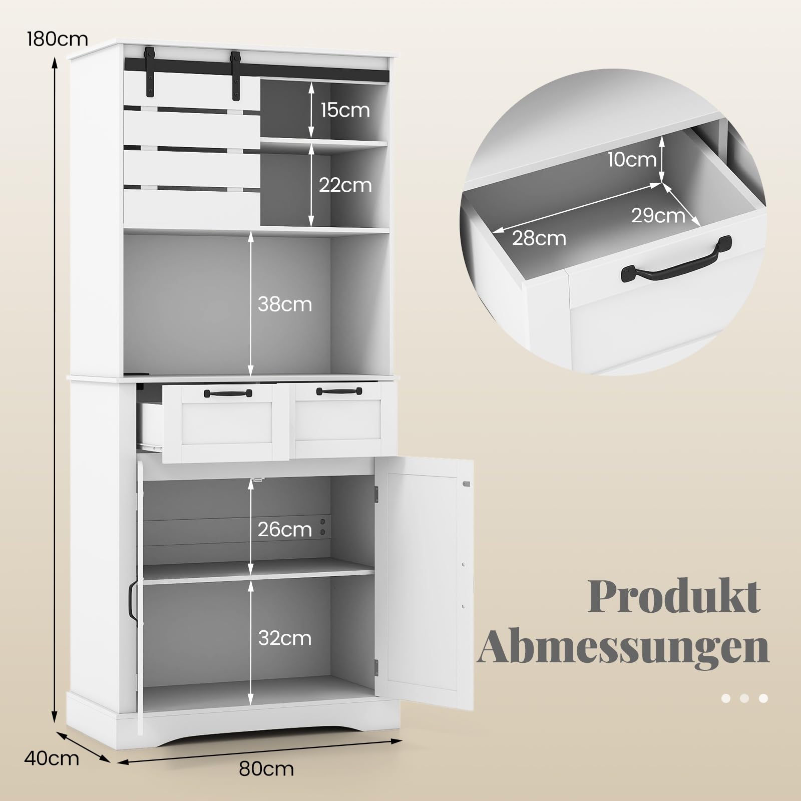 COSTWAY Küchenschrank Holz, Buffetschrank mit Steckdose, 2 Türen, 2 Schubladen & Arbeitsplatte, Hochschrank Vorratsschrank, Aufbewahrungsschrank für Küche & Wohnzimmer, 80 x 40 x 180 cm, Weiß