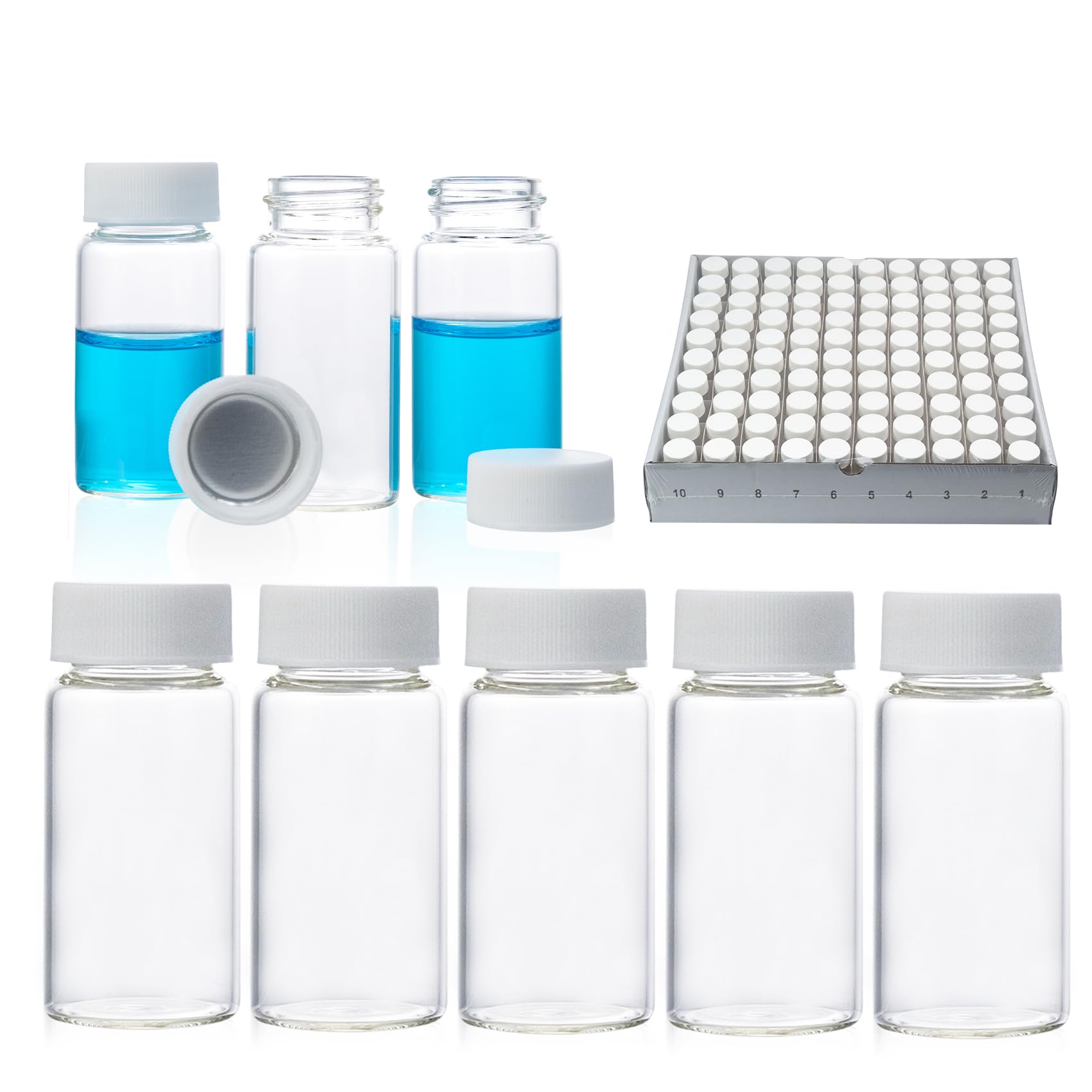 ALWSCI 100 Pezzi Fiale a Scintillazione da 20 ml Fiale per il Conteggio di Campioni a Scintillazione in vetro Borosilicato, Tappo a vite Bianco 22-400, Rivestimento in Foglio di Alluminio Argentato