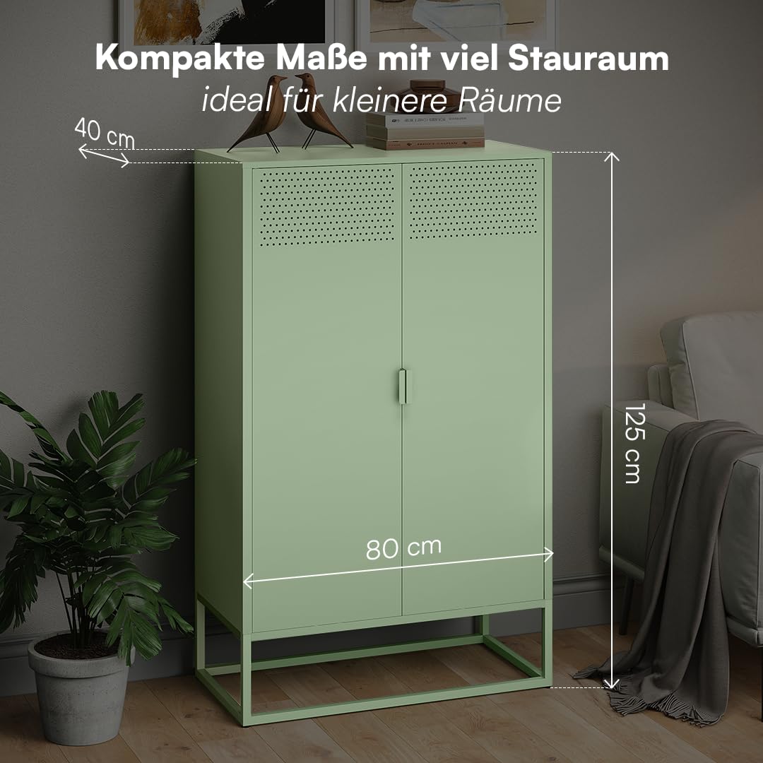 skølm Izar Metall Kommode – Wohnzimmerschrank in Mintgrün – Metallschrank mit 3 Fächern & Doppeltüren – Sideboard für Wohnzimmer – Mehrzweckschrank 80 cm breit – Highboard Industrial Style