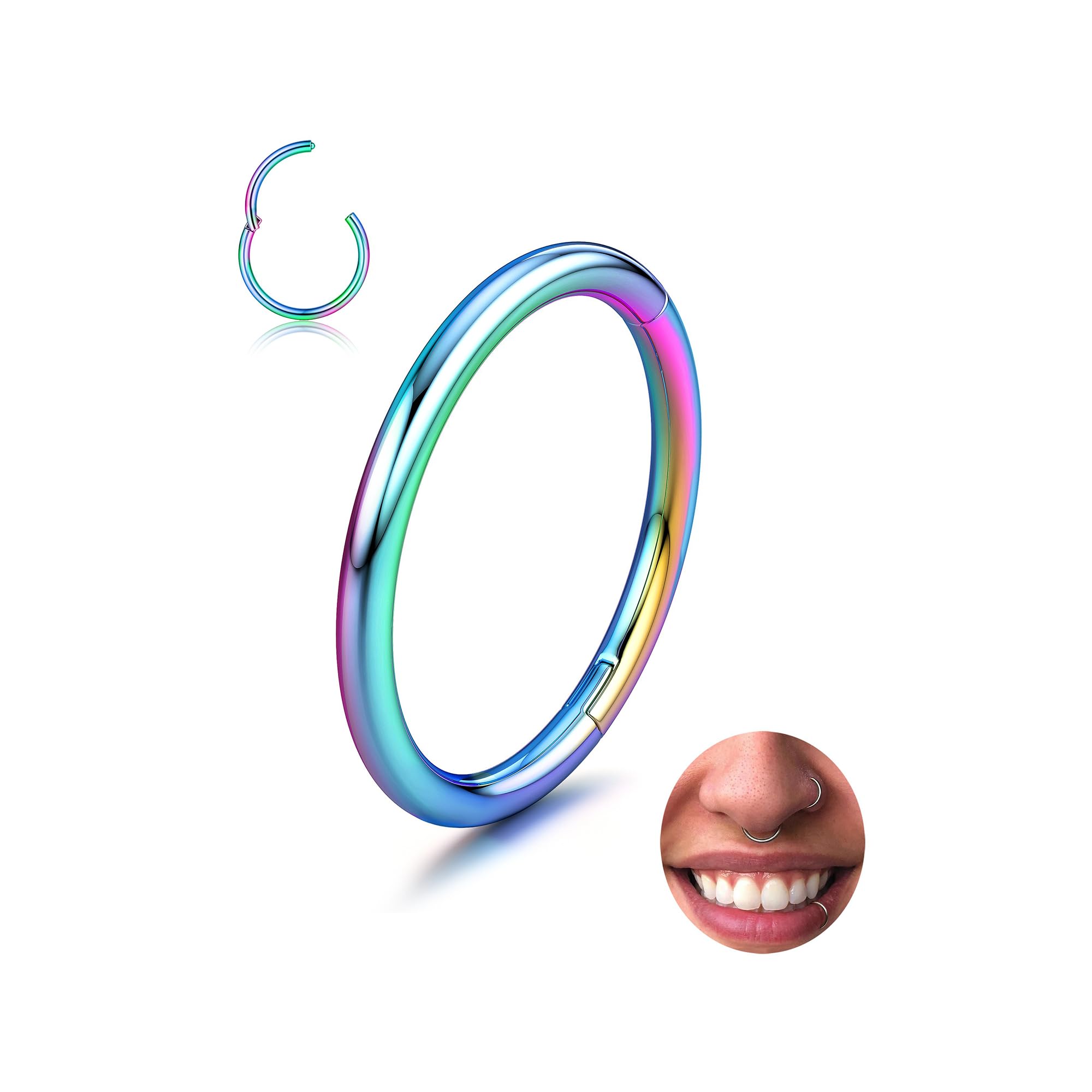 BodyBonita Piercing Nariz Aros con Bisagra - 316L Acero Quirúrgico sin Costuras Septum Piercing Labio CartíLago Hélix Daith Caracola Trago Torre Oro/Plata/Negro/Oro Rosa/Azul/Arcoíris — view 7