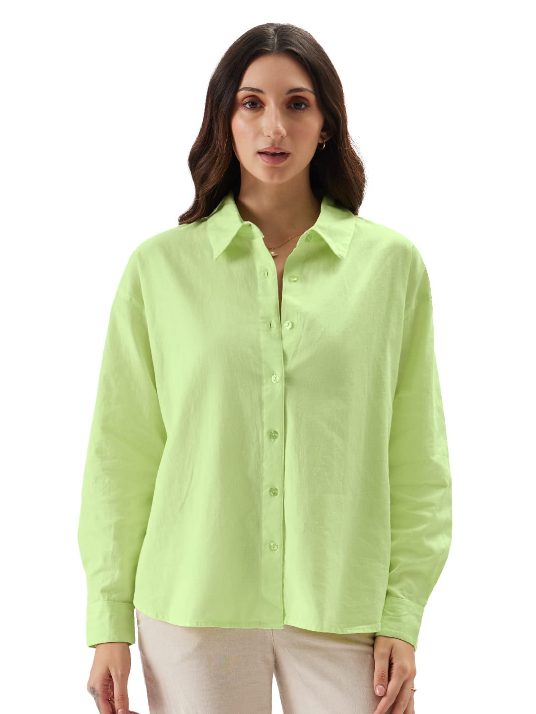 The Souled StoreSolids: Lime Women and Girls Loose fit Full Sleeve Cotton and Linen Yellow Color Women Boyfriend Shirts