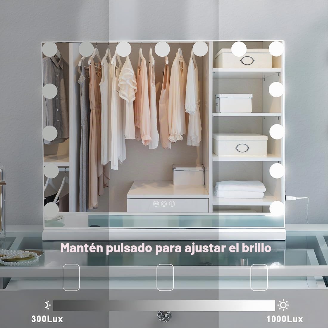 FENCHILIN Espejo Hollywood de Maquillaje con Luz, Tocador con 15 Bombillas LED Rgulables y Puerto USB - Espejo de Pared o Mesa, 58x46 cm