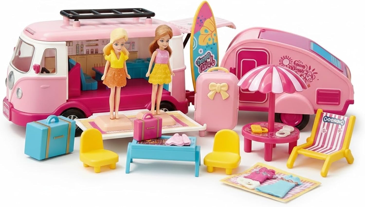 GSV Essentials Travel Holiday Camper Van Doll Playset with Caravan, Changeable Outfits & Furniture, Interactive Role Play Toy with Luggage & Beach Accessories for Kids