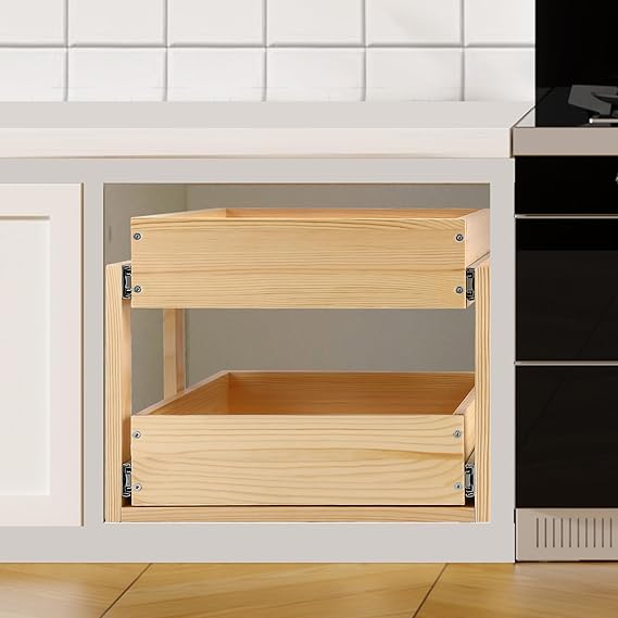 Mulush Pull Out Cabinet Organizer, 26''W21''D16''H Soft Close Slide Out Wood Drawer Shelves Storage for Kitchen, 2-Tier, Finished, Heavy-Duty, Bottom Assembly