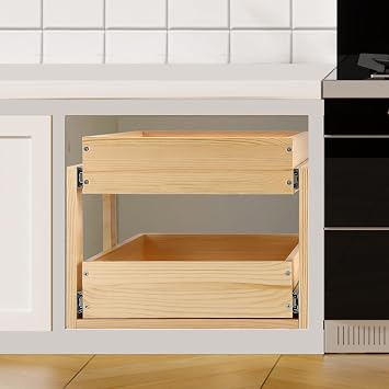 Mulush Pull Out Cabinet Organizer, 26''W21''D16''H Soft Close Slide Out Wood Drawer Shelves Storage for Kitchen, 2-Tier, Finished, Heavy-Duty, Bottom Assembly