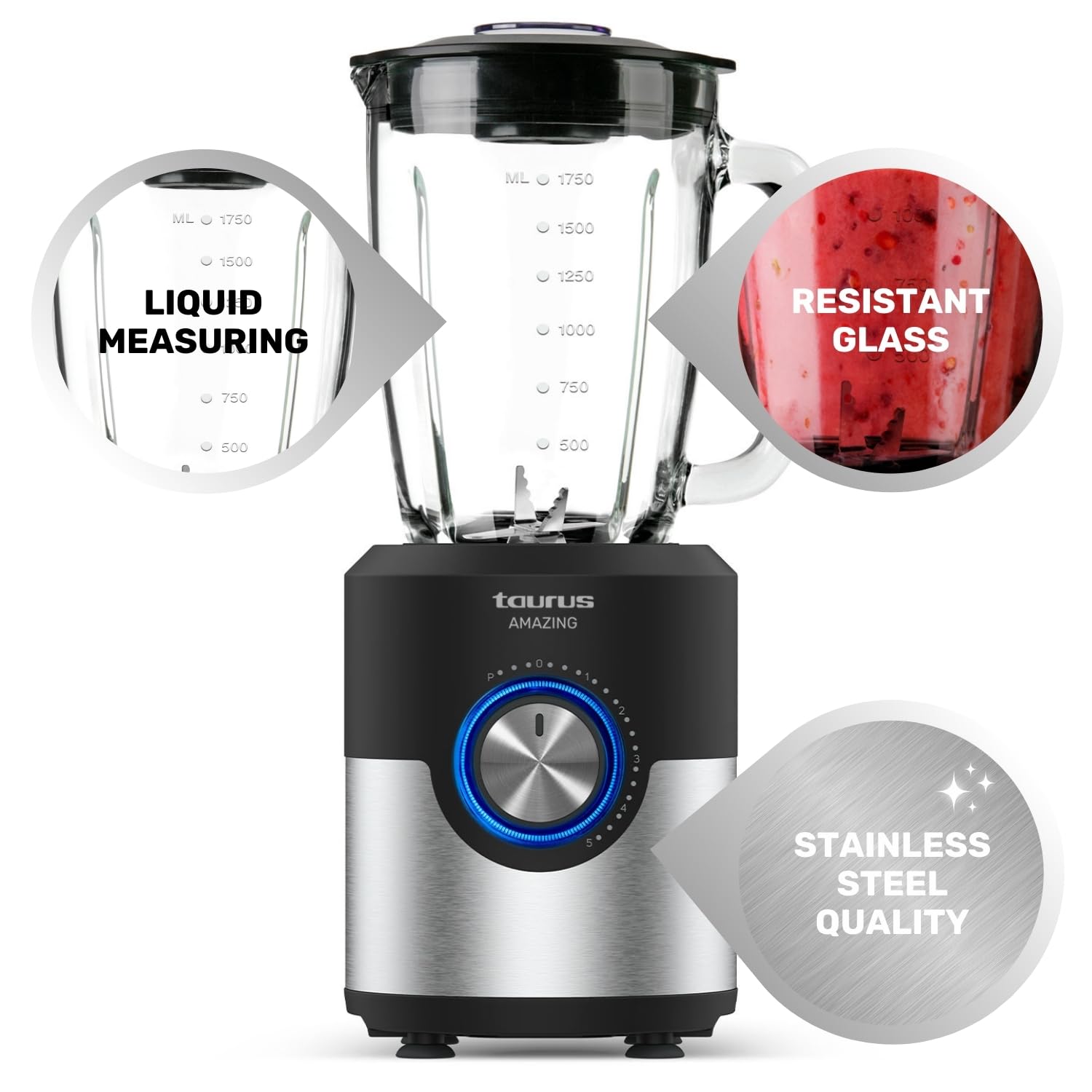 Taurus Amazing - Batidora de Vaso 1600W, 1,75L, Pica Hielo, 6 Cuchillas