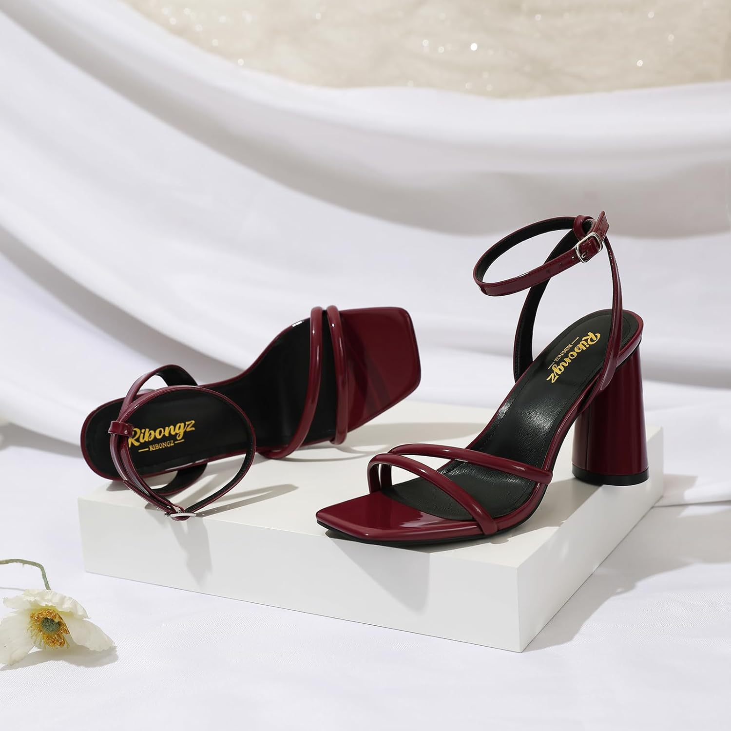 RIBONGZ Block Heels Prom Heeled Sandals for Women Chunky Square Open Toe Strappy High Heels Ankle Strap Wedding Bridal Shoes High Heel Sandals for Party Dress - Image 3