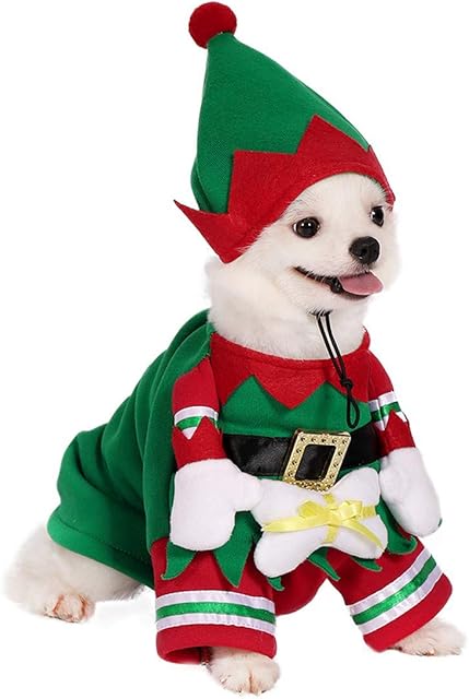 Filhome Dog Cat Christmas Elf Costume with Hat, Pet Christmas Winter Fleece Coat Clothes Puppy Xmas Outfit Apparel