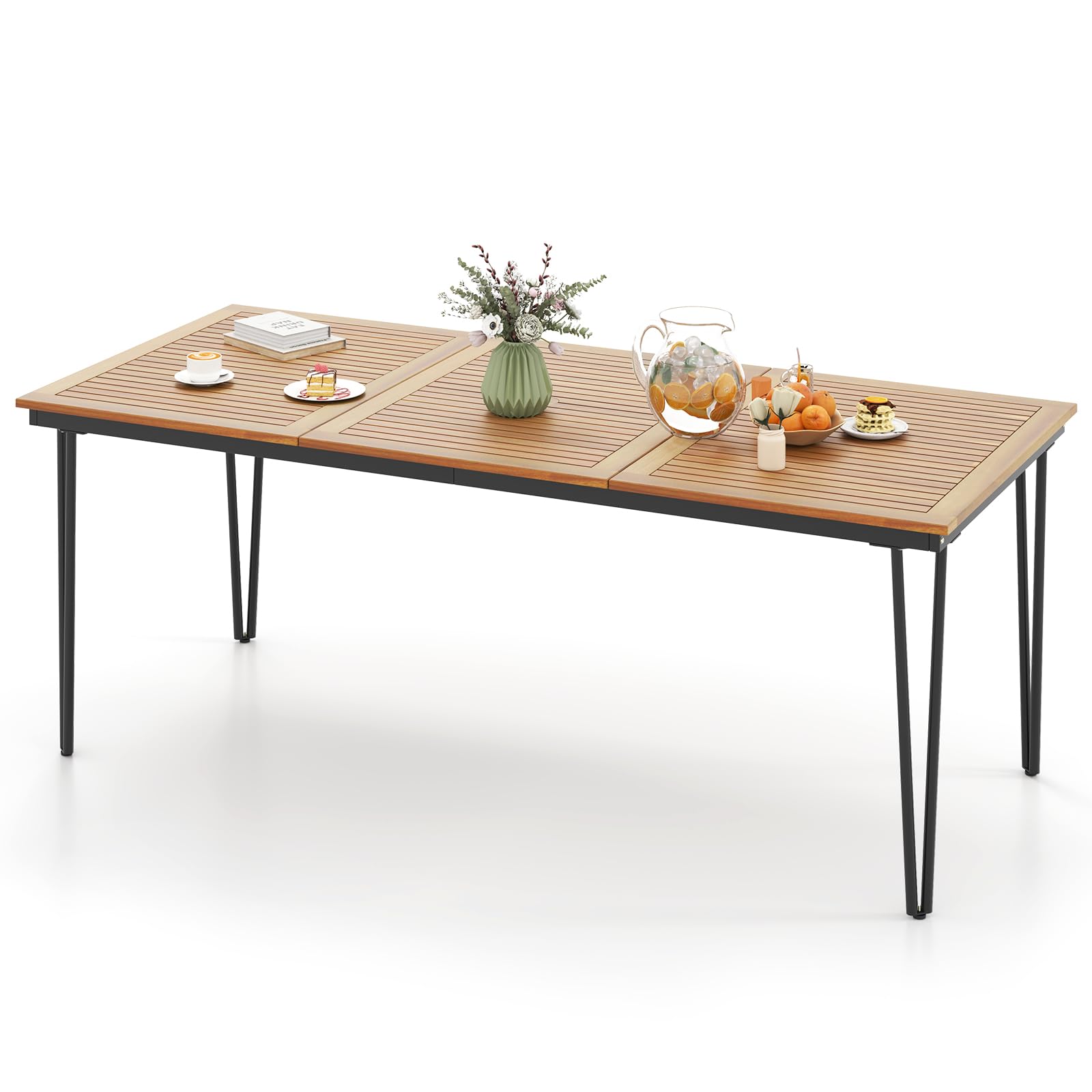 COSTWAY Mesa Jardin Exterior de Madera Acacia, 200 x 90 cm, Mesa Comedor Exterior para 8 Personas, Orificio Para Sombrilla, Estructura Metálica, Mesa Rectangular Terraza Balcon Jardin (200X90cm metal)
