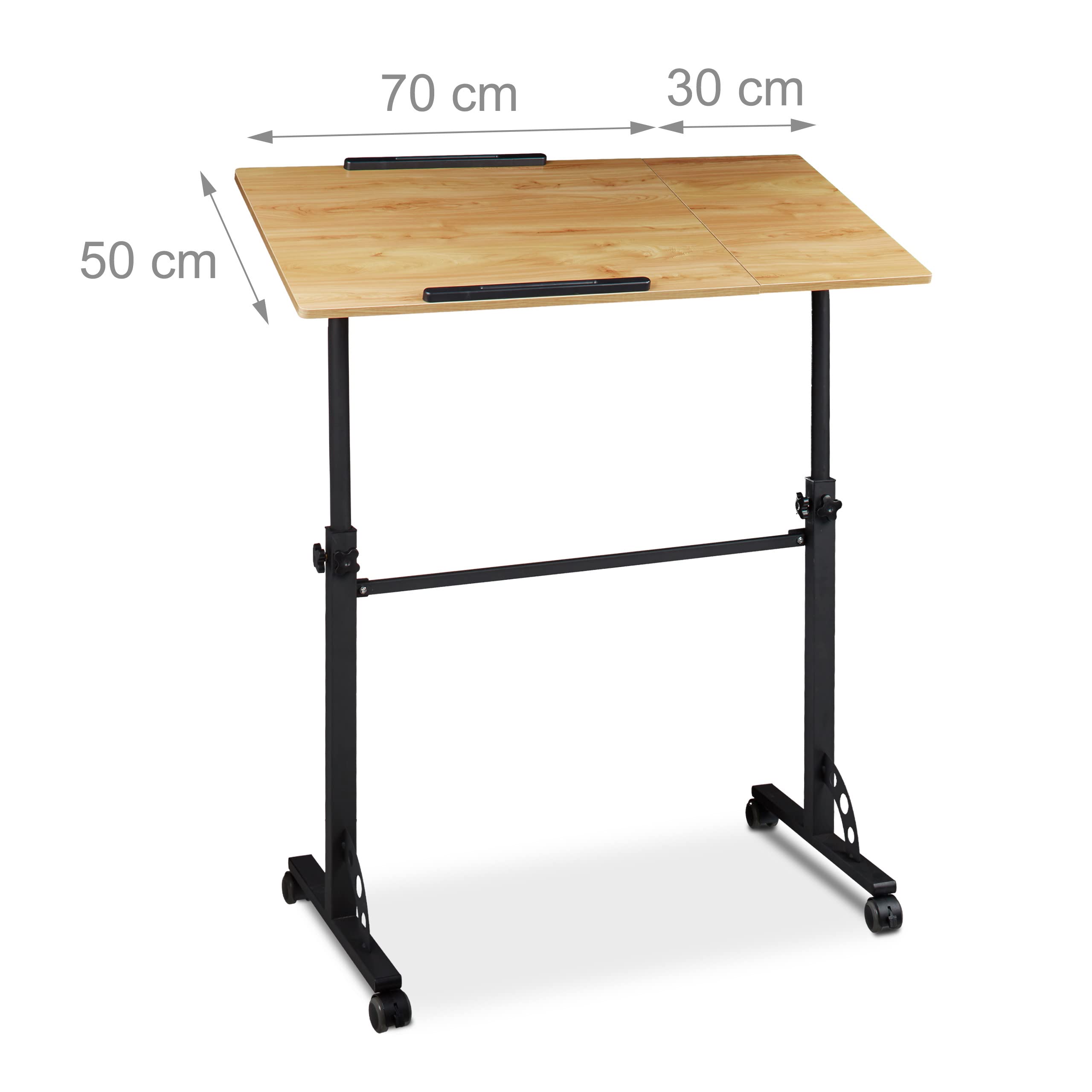 Relaxdays Tavolino Porta Pc, 110 x 100 x 50 cm, Carrello con Ruote, Regolabile in Altezza e Inclinazione, Marrone Chiaro