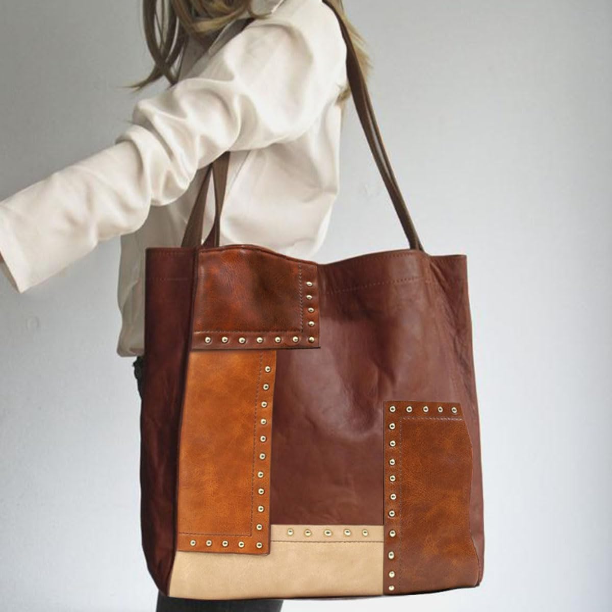 Tote Bag for Women PU Leather Patchwork Color Shoulder Bag Fashion Rivets Hobo Bag Large Purse and Handbag