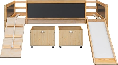 Miniatura 4 de CITYLIGHT Cama alta baja con tobogán, cama individual de madera para niños, cama alta individual con 2 cajas de juguetes y pizarra decorativa para
