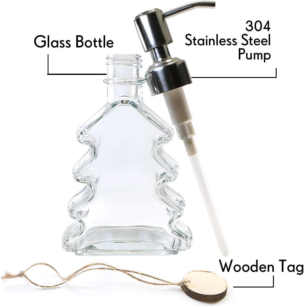 JASAI Christmas Tree Design Glass Kitchen Soap Dispenser with 304 Rust Proof Stainless Steel Pump, Xmas Decorative Bathroom Soap Dispenser Great for Xmas Decoration, Xmas Gift, Kitchen, Bathroom