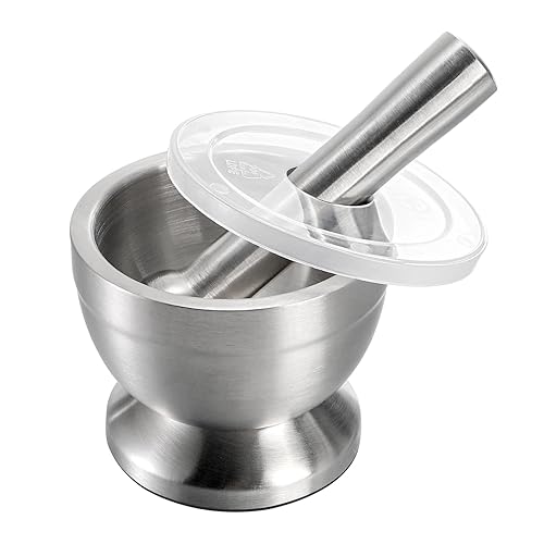 Bekith Mortar and Pestle Sets 18/8 Brushed Stainless Steel Spice Grinder Pill Crusher Molcajete Herb Bowl