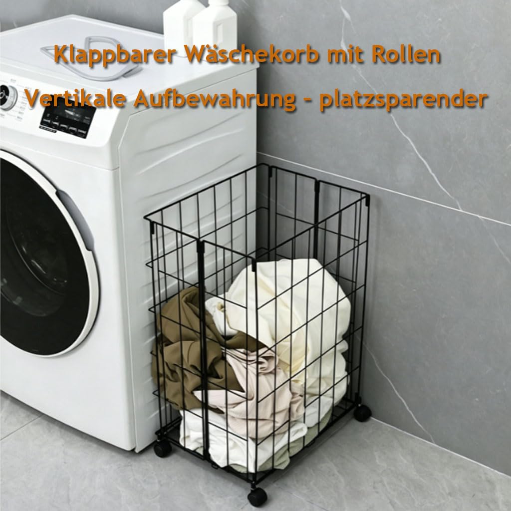 Wäschekorb Faltbar mit Rollen, Schmaler Rollbarer Wäschesammler für Enge zwischenräume, offener Gitter waschekorb Aufbewahrungskorb für Bad und waschküche,Edelstahl